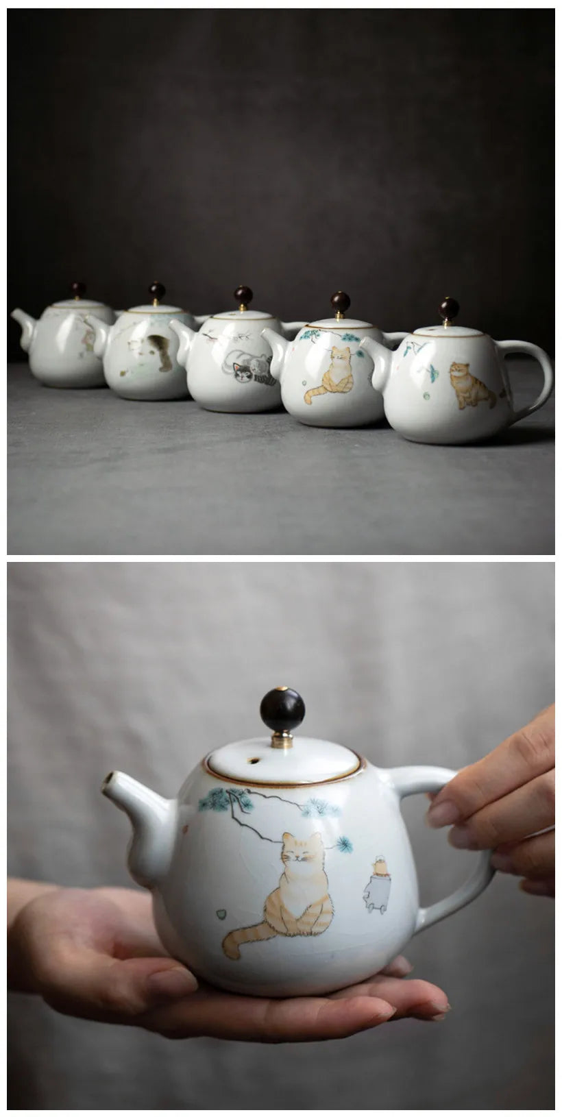 280ml Traditional Ru Kiln Ceramic Teapots Handmade Cute Cat Pattern Kettle Travel Portable Filter Tea Pot Home Tea Set Drinkware