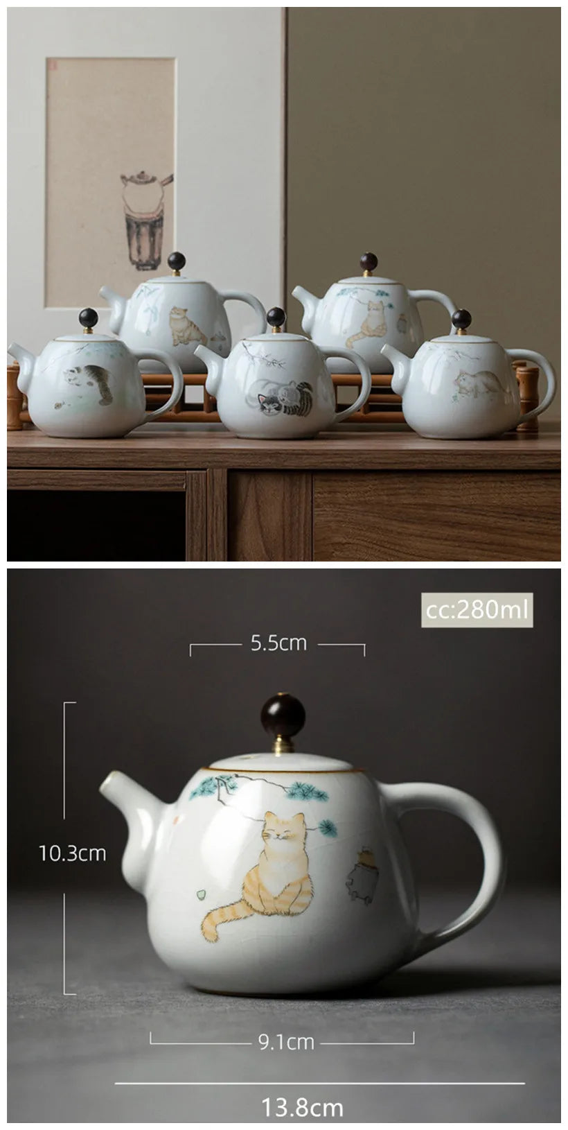 280ml Traditional Ru Kiln Ceramic Teapots Handmade Cute Cat Pattern Kettle Travel Portable Filter Tea Pot Home Tea Set Drinkware