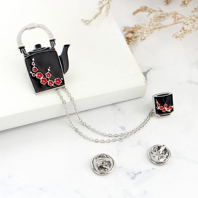 Hot Vintage Red Plum Teapot Teacup Chinese Style with Chain Metal enamel Pins Lapel Clothes Pants Jewelry