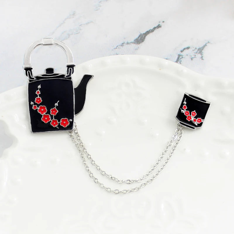 Hot Vintage Red Plum Teapot Teacup Chinese Style with Chain Metal enamel Pins Lapel Clothes Pants Jewelry