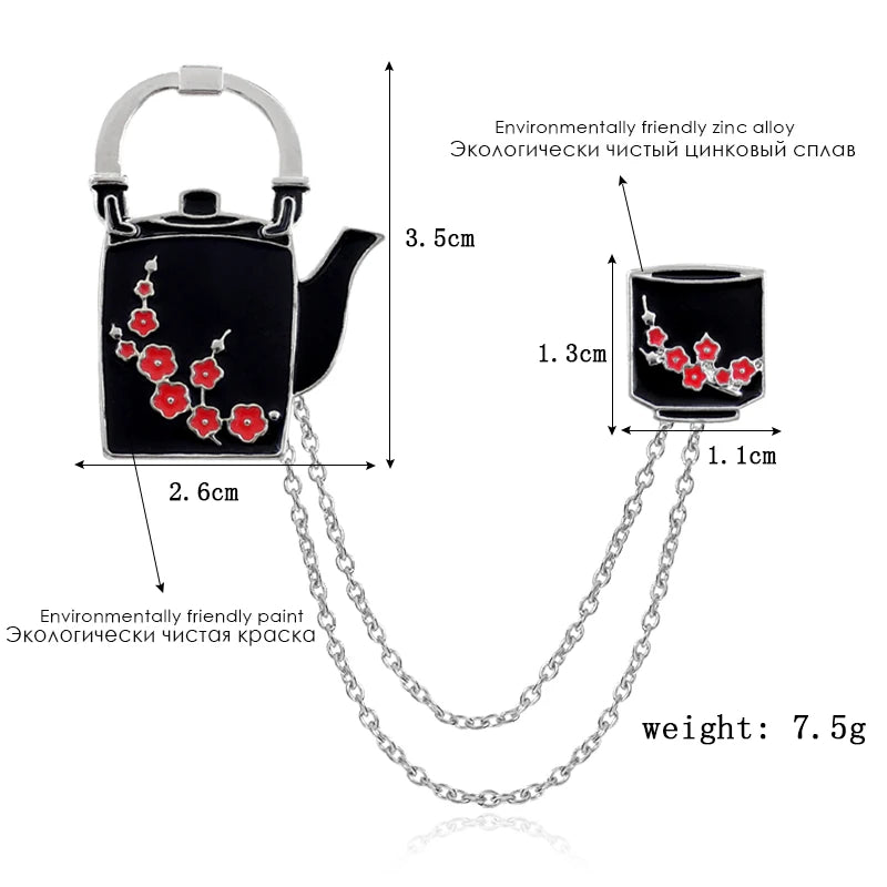 Hot Vintage Red Plum Teapot Teacup Chinese Style with Chain Metal enamel Pins Lapel Clothes Pants Jewelry