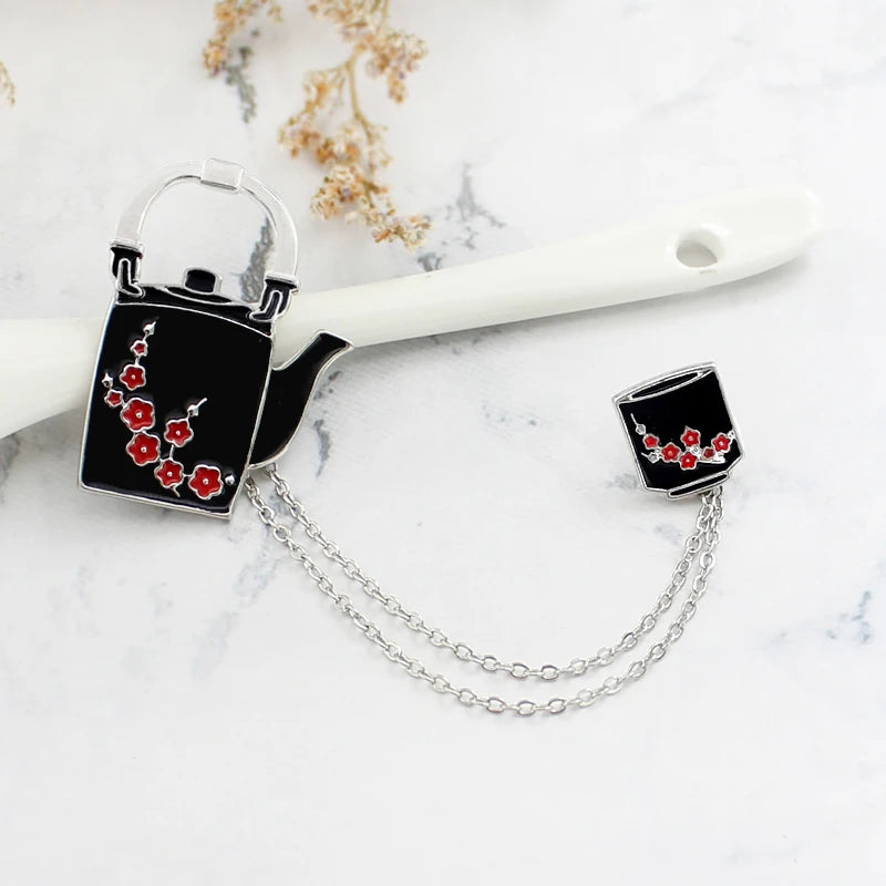 Hot Vintage Red Plum Teapot Teacup Chinese Style with Chain Metal enamel Pins Lapel Clothes Pants Jewelry