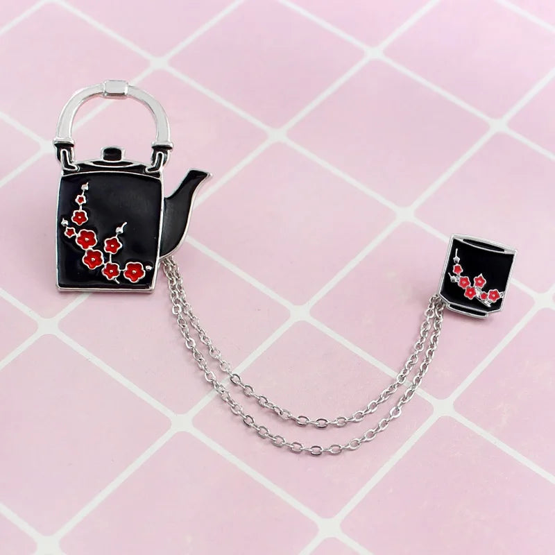 Hot Vintage Red Plum Teapot Teacup Chinese Style with Chain Metal enamel Pins Lapel Clothes Pants Jewelry
