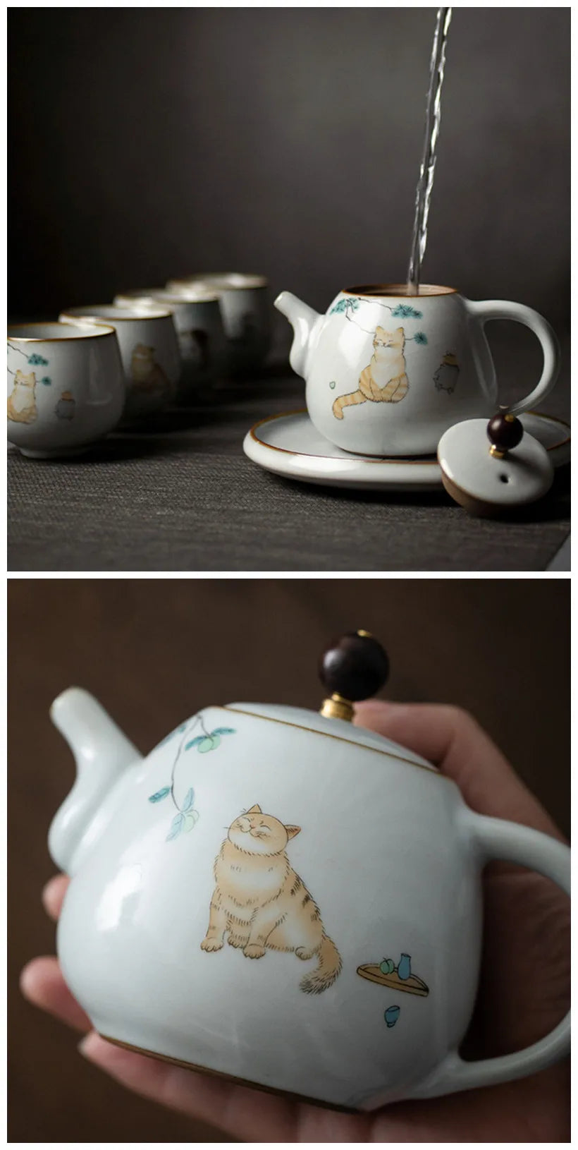 280ml Traditional Ru Kiln Ceramic Teapots Handmade Cute Cat Pattern Kettle Travel Portable Filter Tea Pot Home Tea Set Drinkware