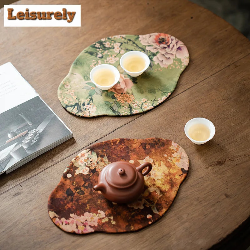 Chinese Juan Silk Watered Gauze Tea Table Mats Cloud Double Sided Absorbent Clay Tea Mat Waterproof Tea Table Cloth Tea Services