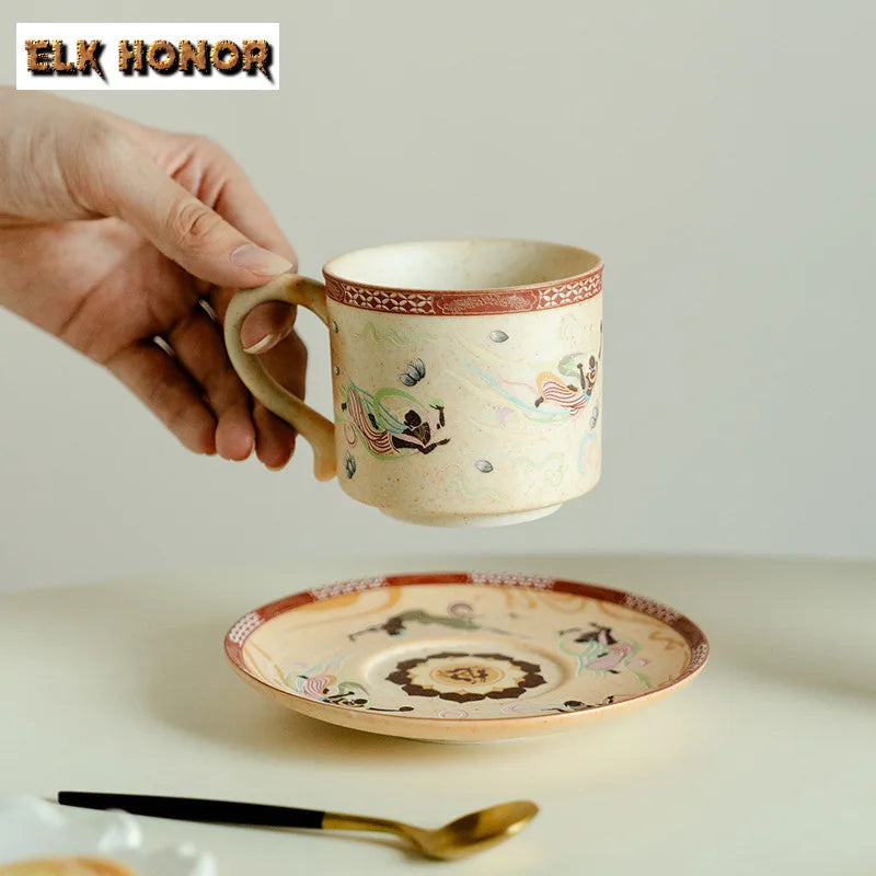200ml Dunhuang Culture Coffee Cup Set Zen Ceramic Tea Cup Luxury Mug With Spoon Tea Maker Personalized Mug Tea Services Ornament