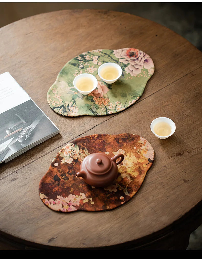 Chinese Juan Silk Watered Gauze Tea Table Mats Cloud Double Sided Absorbent Clay Tea Mat Waterproof Tea Table Cloth Tea Services