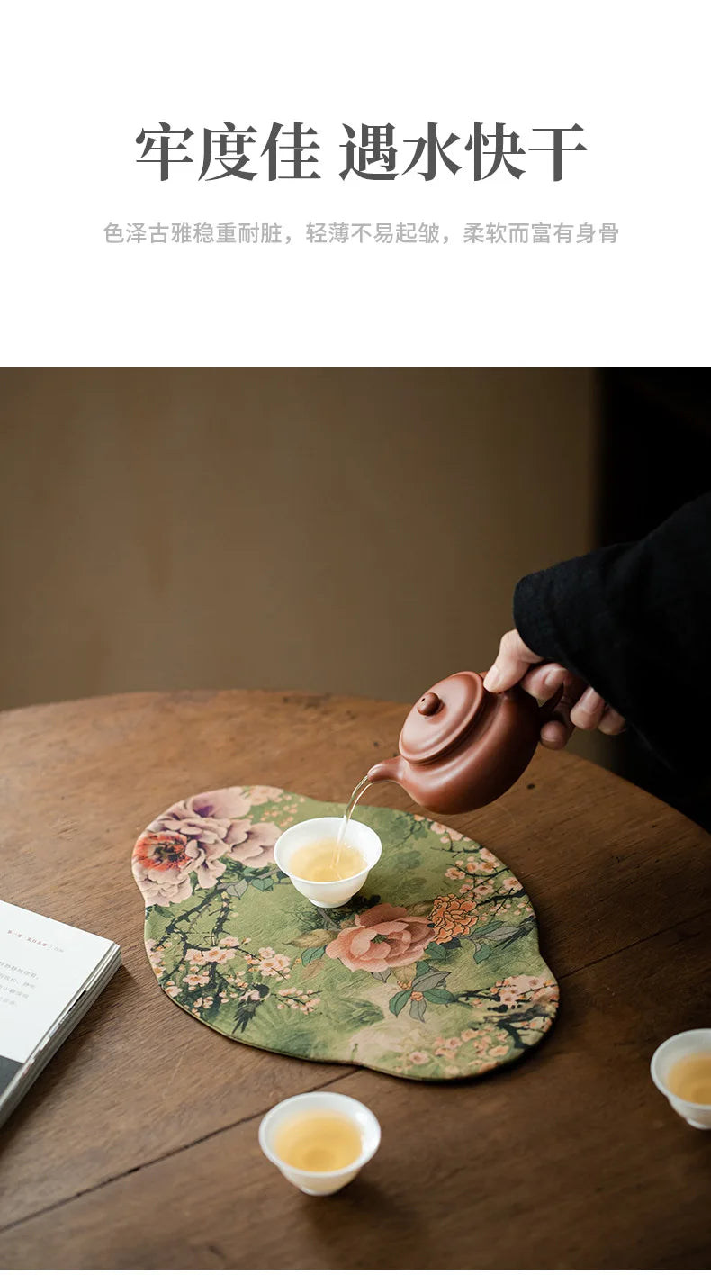 Chinese Juan Silk Watered Gauze Tea Table Mats Cloud Double Sided Absorbent Clay Tea Mat Waterproof Tea Table Cloth Tea Services