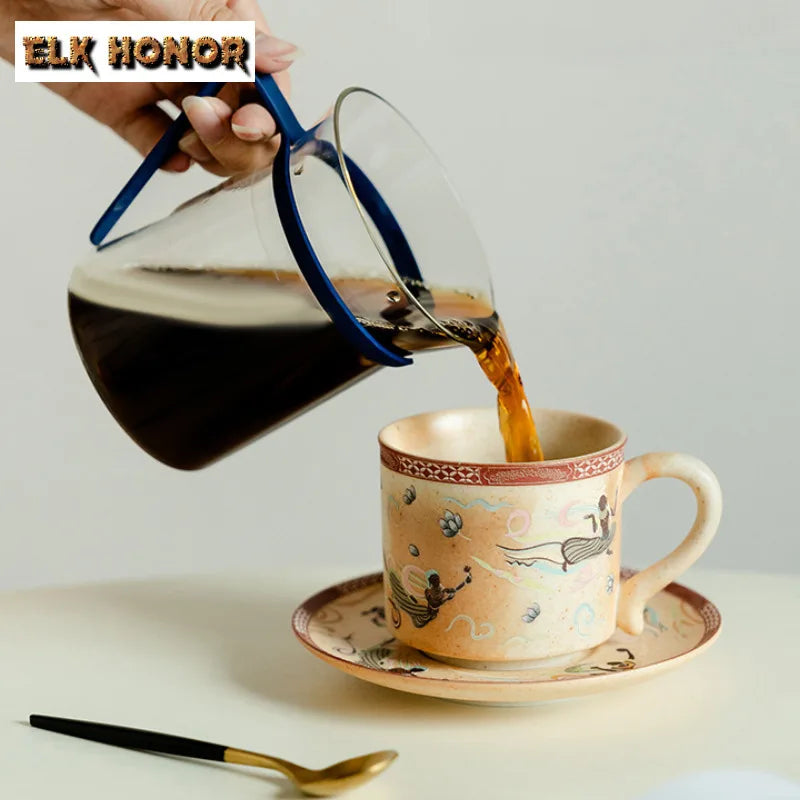 200ml Dunhuang Culture Coffee Cup Set Zen Ceramic Tea Cup Luxury Mug With Spoon Tea Maker Personalized Mug Tea Services Ornament