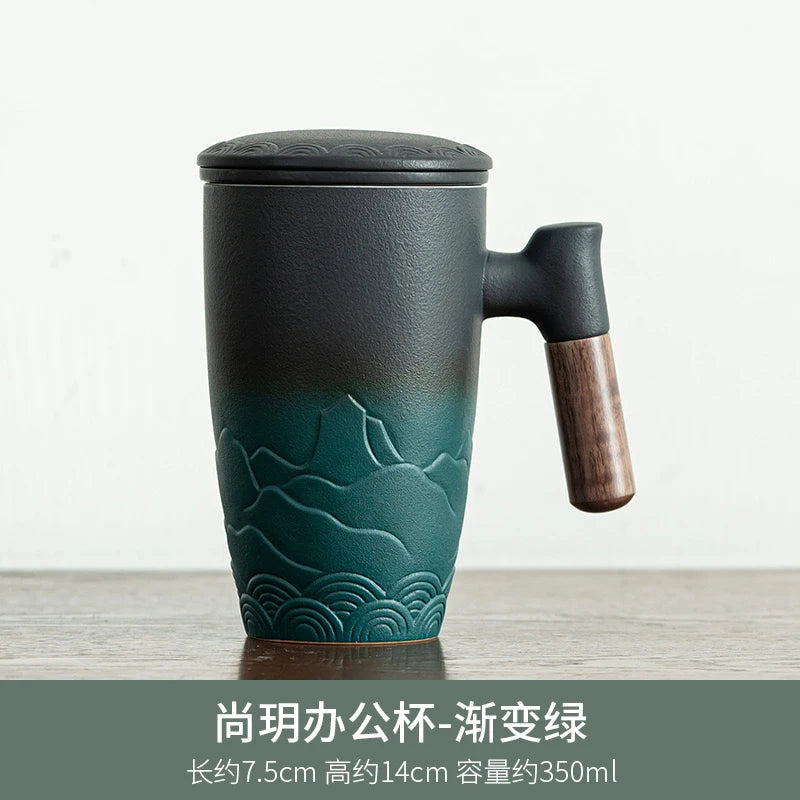 Vintage Ceramic with Lid Tea Cup Coffee Mugs with Strainer Wooden Handle Tea Accessories Personalized Gifts