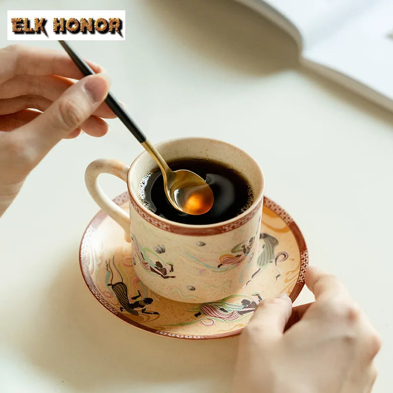 200ml Dunhuang Culture Coffee Cup Set Zen Ceramic Tea Cup Luxury Mug With Spoon Tea Maker Personalized Mug Tea Services Ornament