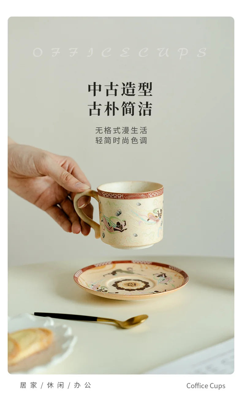 200ml Dunhuang Culture Coffee Cup Set Zen Ceramic Tea Cup Luxury Mug With Spoon Tea Maker Personalized Mug Tea Services Ornament