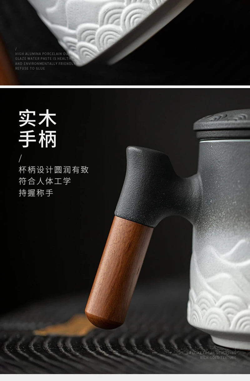 Vintage Ceramic with Lid Tea Cup Coffee Mugs with Strainer Wooden Handle Tea Accessories Personalized Gifts