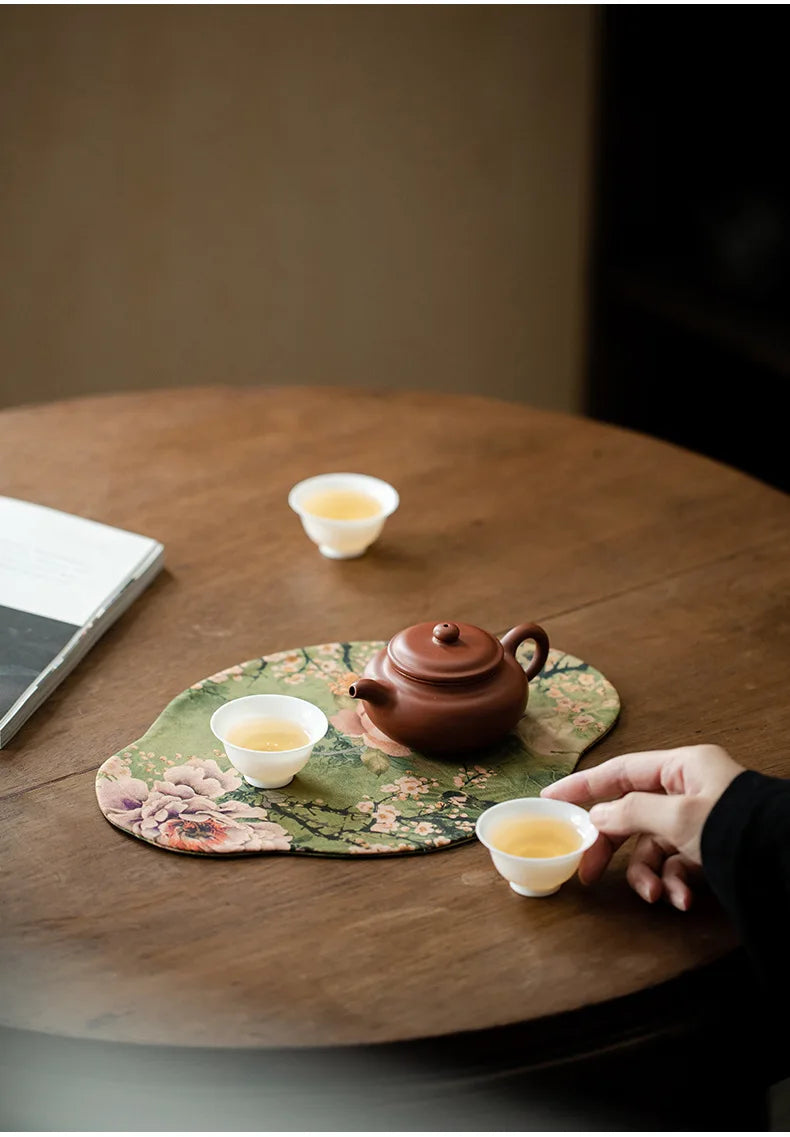 Chinese Juan Silk Watered Gauze Tea Table Mats Cloud Double Sided Absorbent Clay Tea Mat Waterproof Tea Table Cloth Tea Services