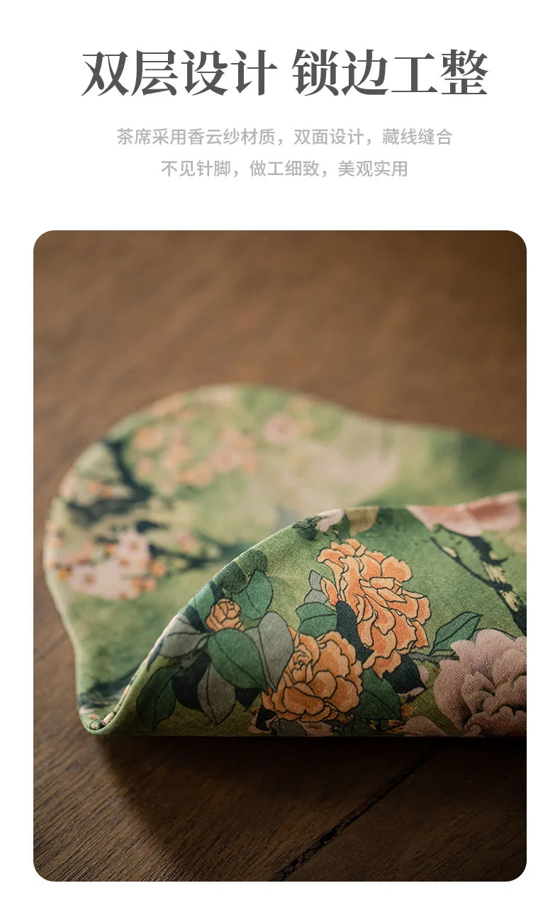 Chinese Juan Silk Watered Gauze Tea Table Mats Cloud Double Sided Absorbent Clay Tea Mat Waterproof Tea Table Cloth Tea Services