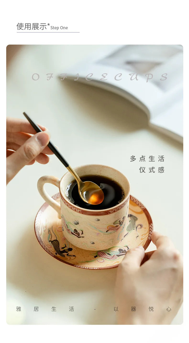 200ml Dunhuang Culture Coffee Cup Set Zen Ceramic Tea Cup Luxury Mug With Spoon Tea Maker Personalized Mug Tea Services Ornament