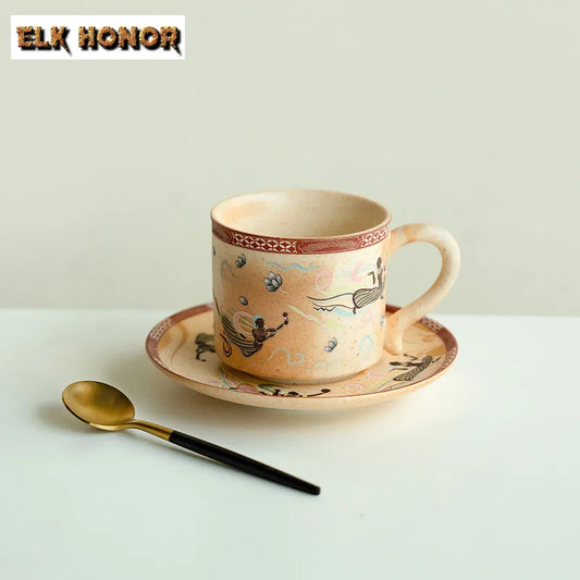 200ml Dunhuang Culture Coffee Cup Set Zen Ceramic Tea Cup Luxury Mug With Spoon Tea Maker Personalized Mug Tea Services Ornament