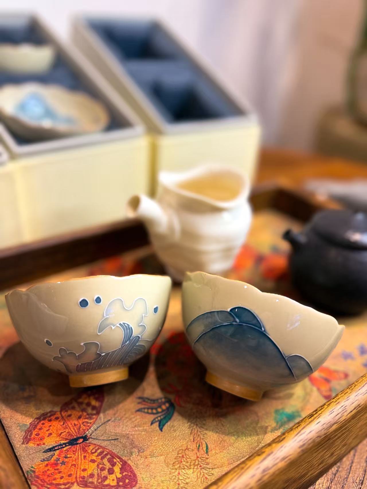 Mountains and Seas Hand-painted pair cups -- Floral Rim Cup - Moonlight Friday