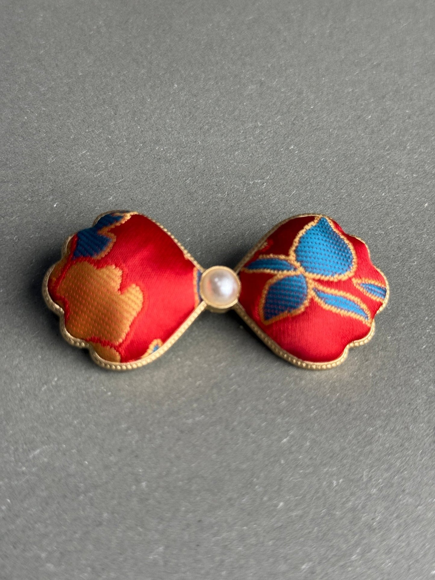 Song Jin Hair Clip Red Ribbon Bow Traditional Pattern + Pearl - Moonlight Friday
