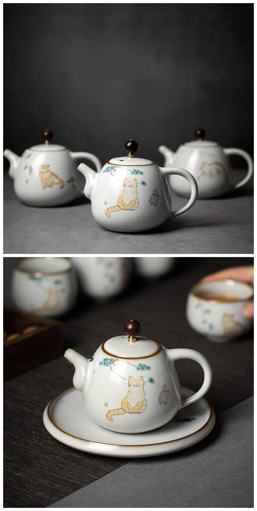 280ml Traditional Ru Kiln Ceramic Teapots Handmade Cute Cat Pattern Kettle Travel Portable Filter Tea Pot Home Tea Set Drinkware