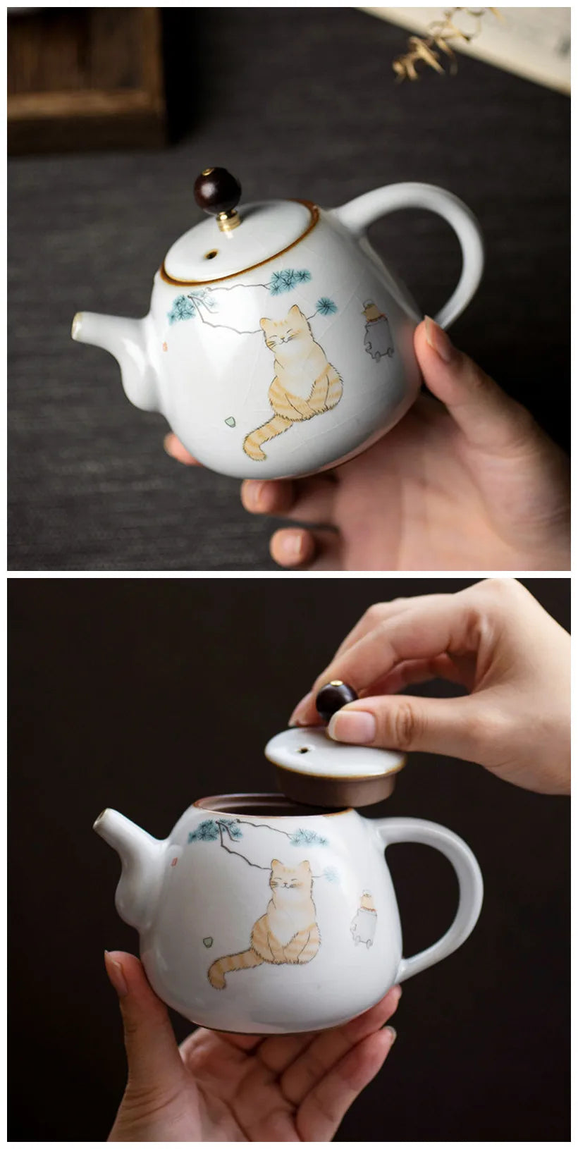 280ml Traditional Ru Kiln Ceramic Teapots Handmade Cute Cat Pattern Kettle Travel Portable Filter Tea Pot Home Tea Set Drinkware