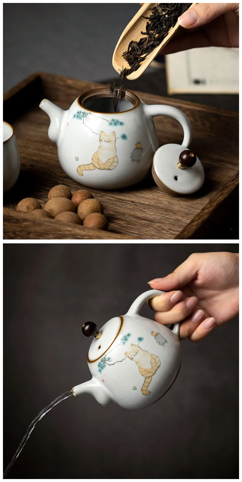 280ml Traditional Ru Kiln Ceramic Teapots Handmade Cute Cat Pattern Kettle Travel Portable Filter Tea Pot Home Tea Set Drinkware