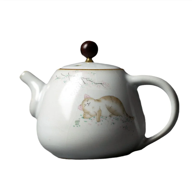 280ml Traditional Ru Kiln Ceramic Teapots Handmade Cute Cat Pattern Kettle Travel Portable Filter Tea Pot Home Tea Set Drinkware
