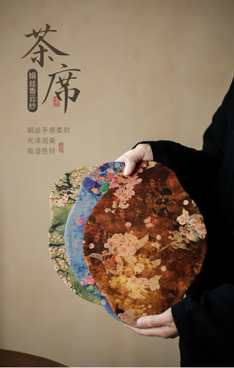 Chinese Juan Silk Watered Gauze Tea Table Mats Cloud Double Sided Absorbent Clay Tea Mat Waterproof Tea Table Cloth Tea Services