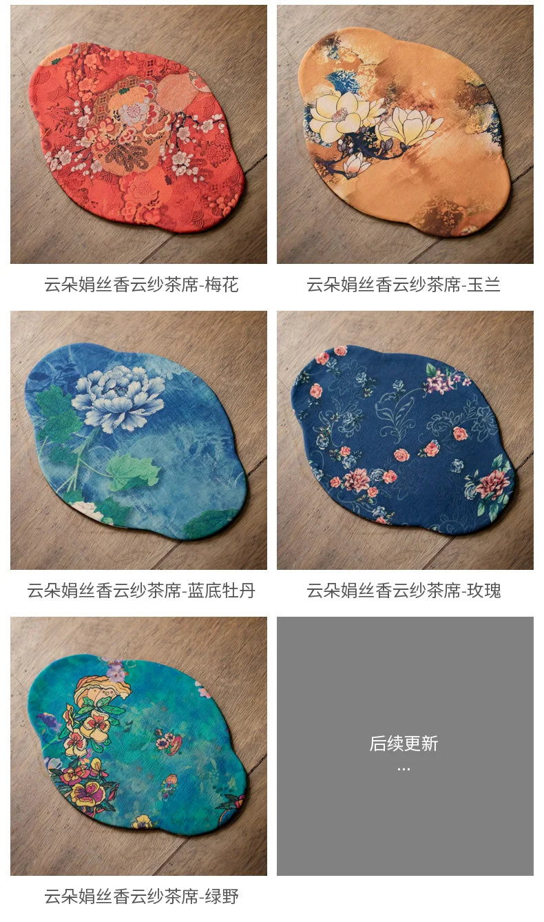 Chinese Juan Silk Watered Gauze Tea Table Mats Cloud Double Sided Absorbent Clay Tea Mat Waterproof Tea Table Cloth Tea Services
