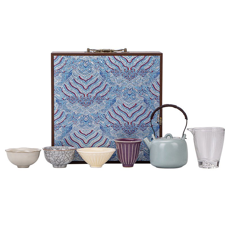 Five Great Kilns Handle-Pot Teaset Gift Hamper Set, Ru / Jun / Ge / Guan / Ding Kiln,Ideal Corporate Gift for Christmas, Birthday, Housewarming, or Business Occasions - Moonlight Friday