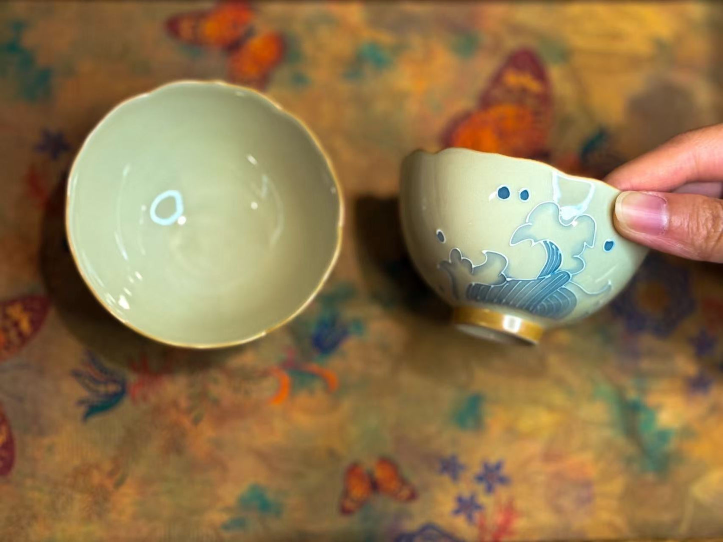 Mountains and Seas Hand-painted pair cups -- Floral Rim Cup - Moonlight Friday