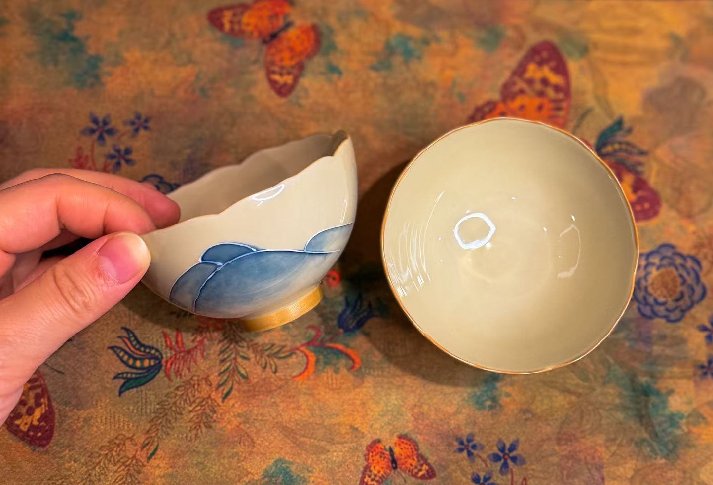 Mountains and Seas Hand-painted pair cups -- Floral Rim Cup - Moonlight Friday