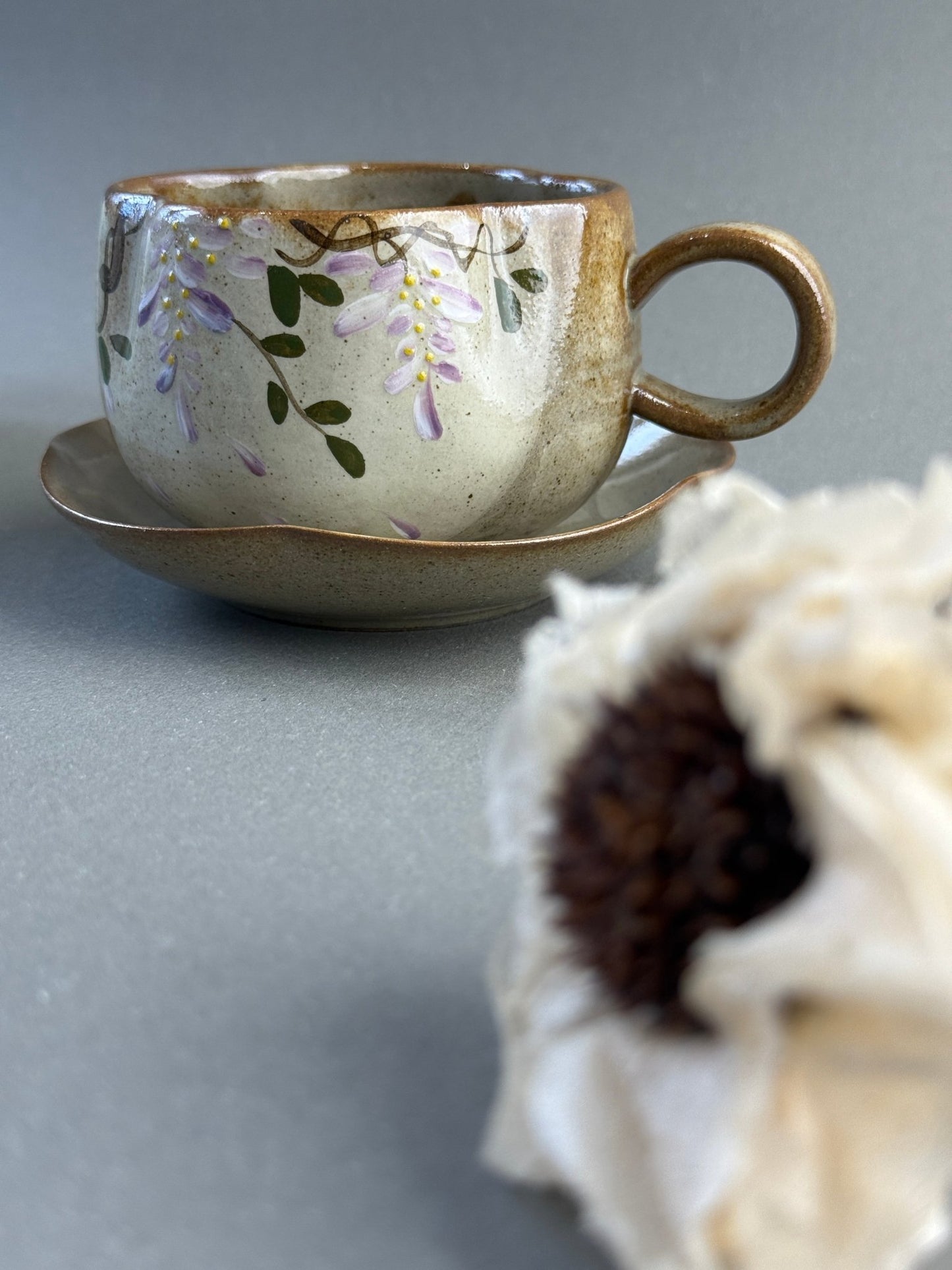 Raw Ore Clay Hand - Painted Wisteria Coffee Cup & Saucer Set - Moonlight Friday