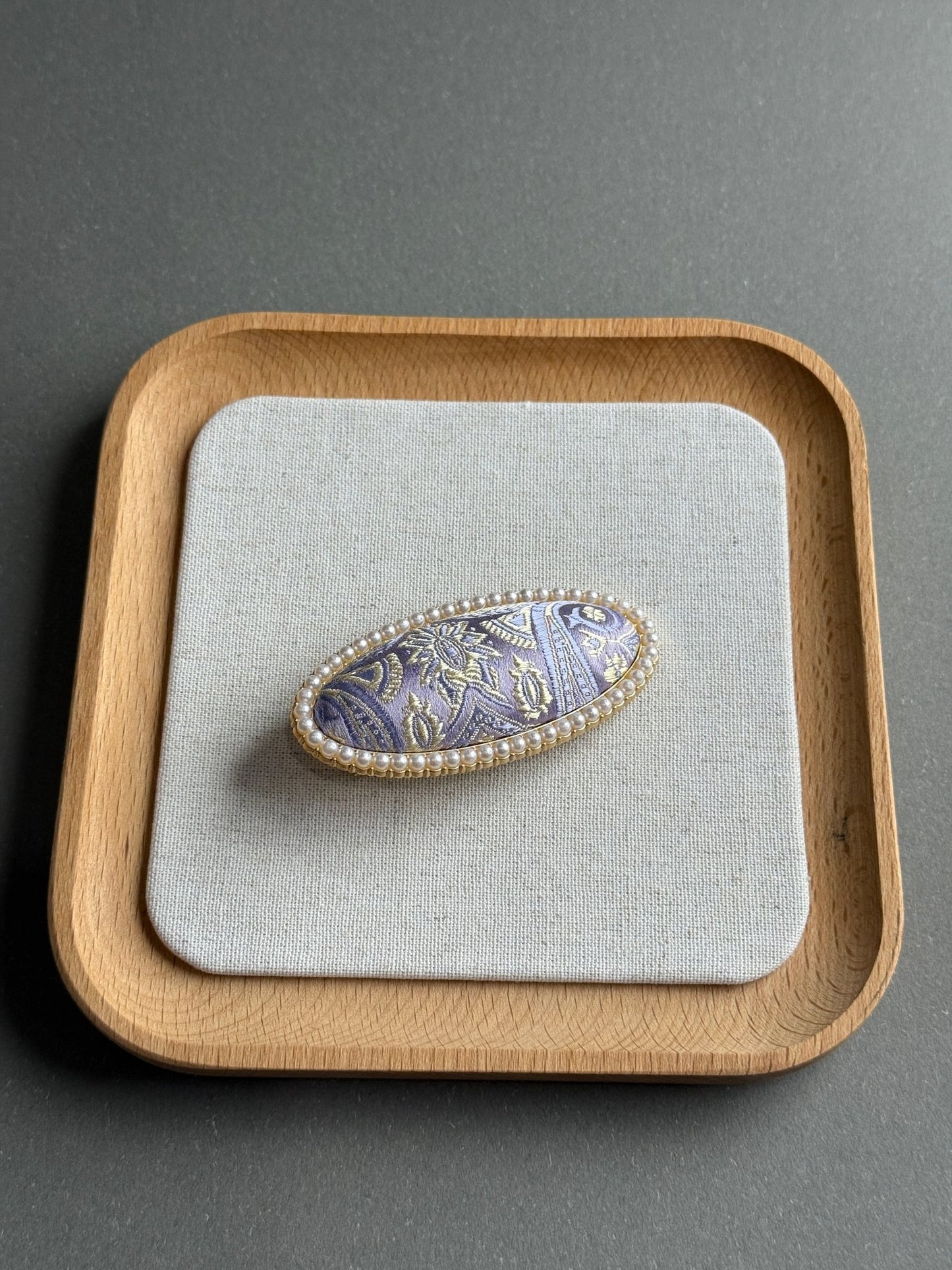 Song Jin Hair Clip Oval Shape Purple Pattern + Pearl Edge - Moonlight Friday