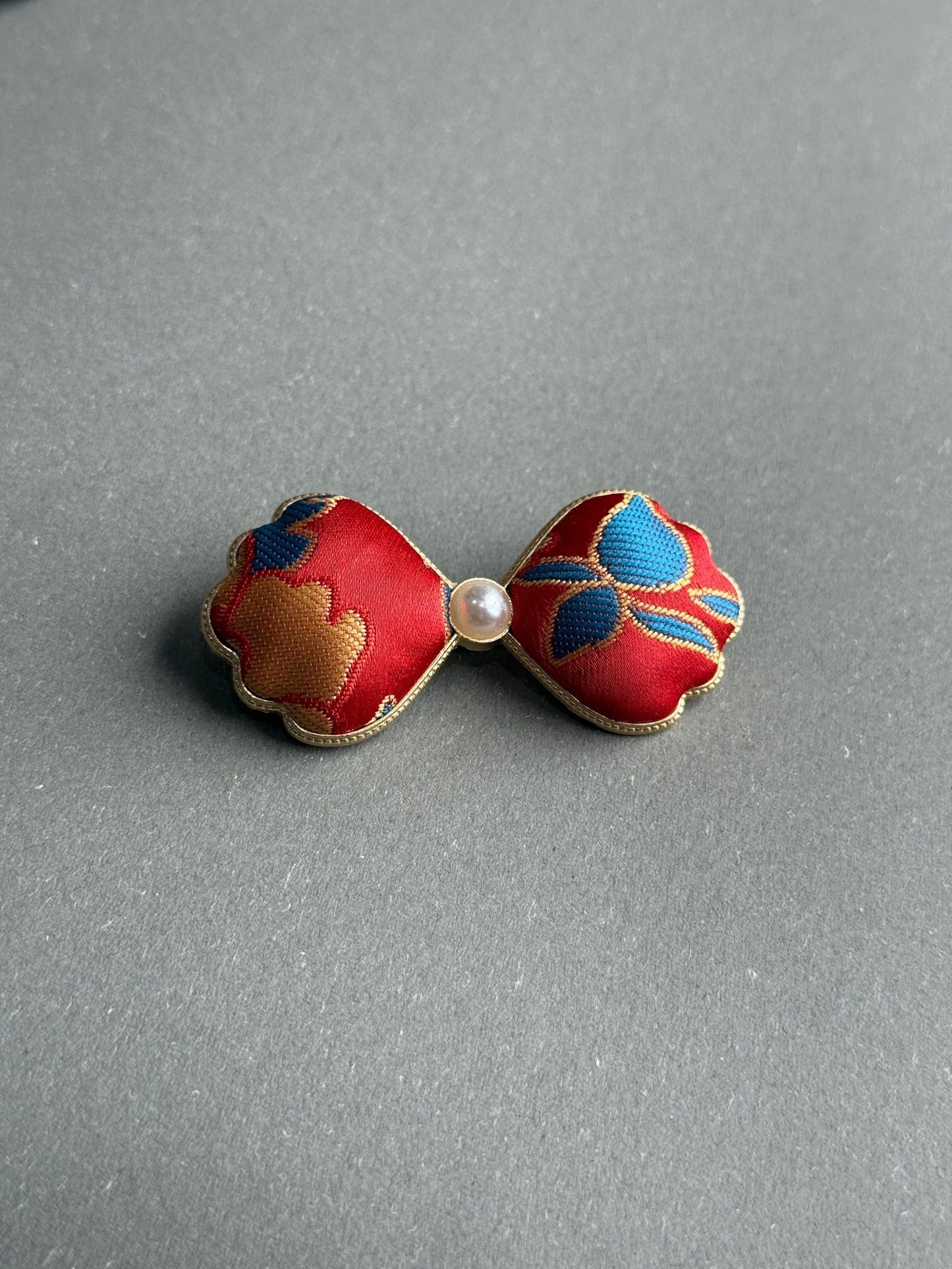 Song Jin Hair Clip Red Ribbon Bow Traditional Pattern + Pearl - Moonlight Friday