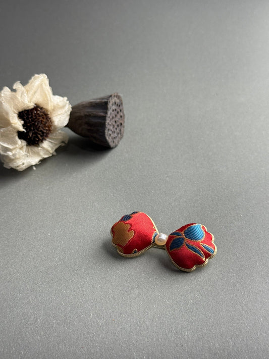 Song Jin Hair Clip Red Ribbon Bow Traditional Pattern + Pearl - Moonlight Friday