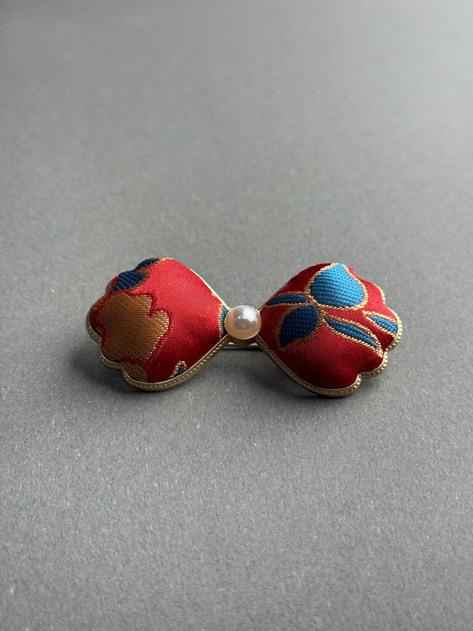 Song Jin Hair Clip Red Ribbon Bow Traditional Pattern + Pearl - Moonlight Friday